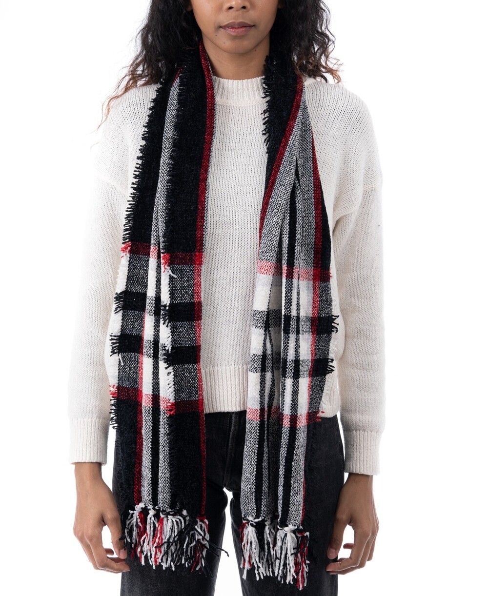 Style & Co. Chenille Plaid Fringe-Trim Scarf Women's One Size Black Multi